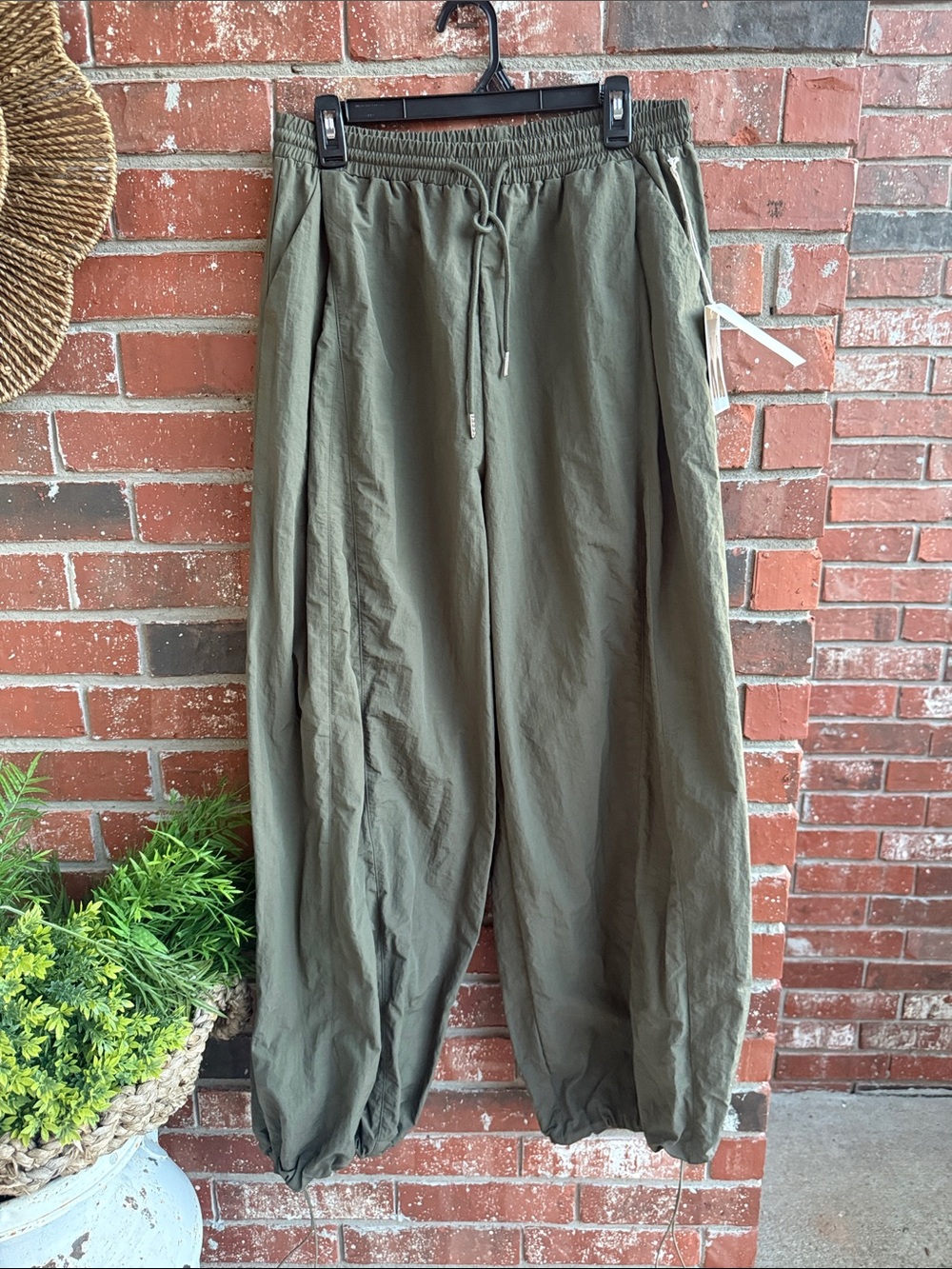 Olive Green Drawstring Women’s Casual Nylon Baggy Pants